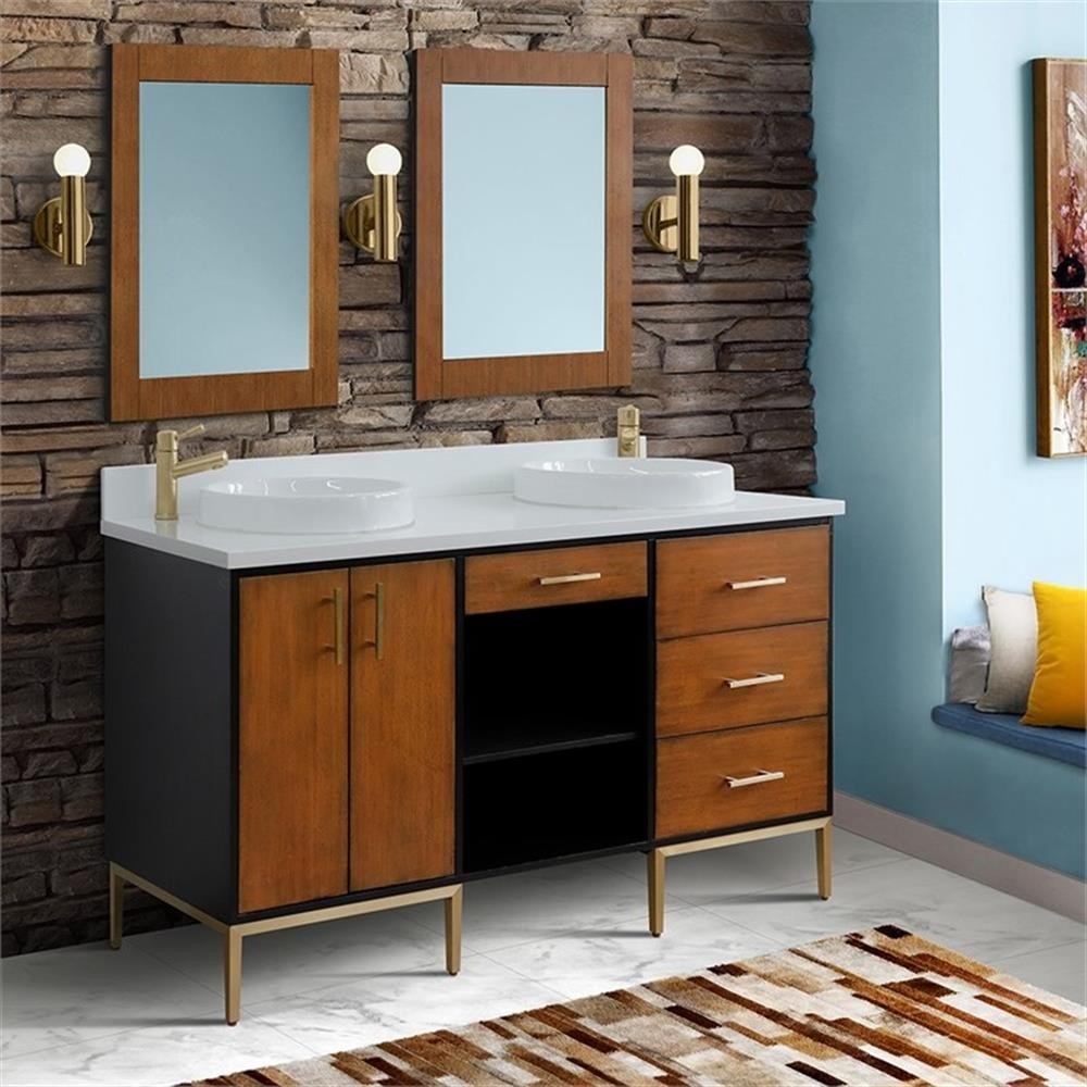 61 in. Double Wooden Vanity Walnut Black White Quartz Round Sink