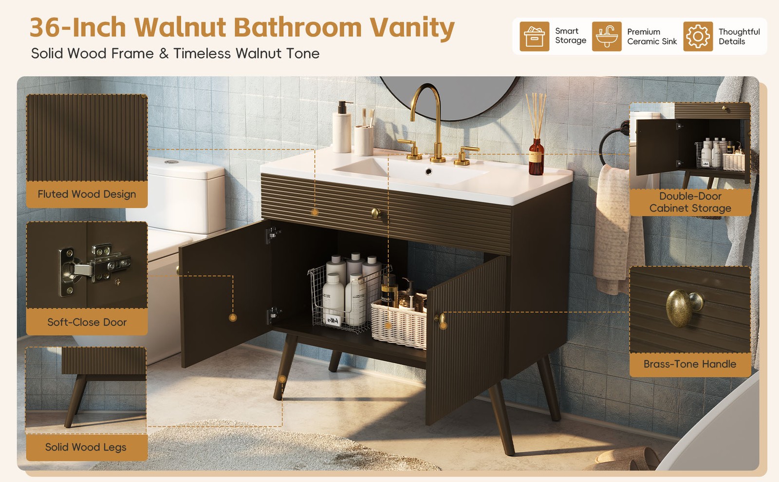 36″ Striped Bathroom Vanity, Soft-Close Dual-Door & Ceramic Sink, Dark Brown
