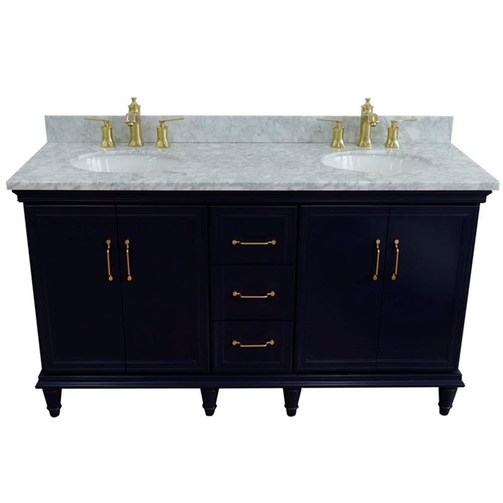 61 in. Double Wooden Vanity Blue White Carrara Marble Oval Sink