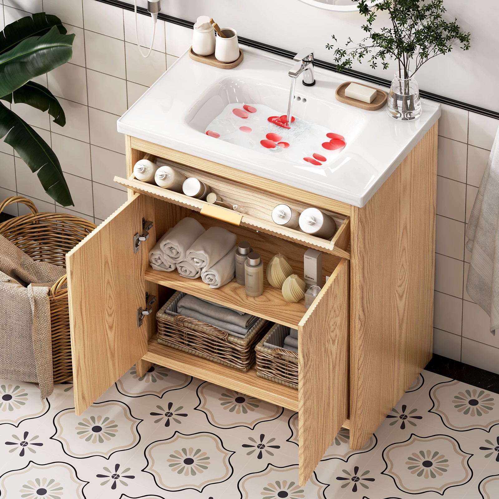 31″ Bathroom Vanity Cabinet Wooden with Top Ceramic Sink Combo Freestanding