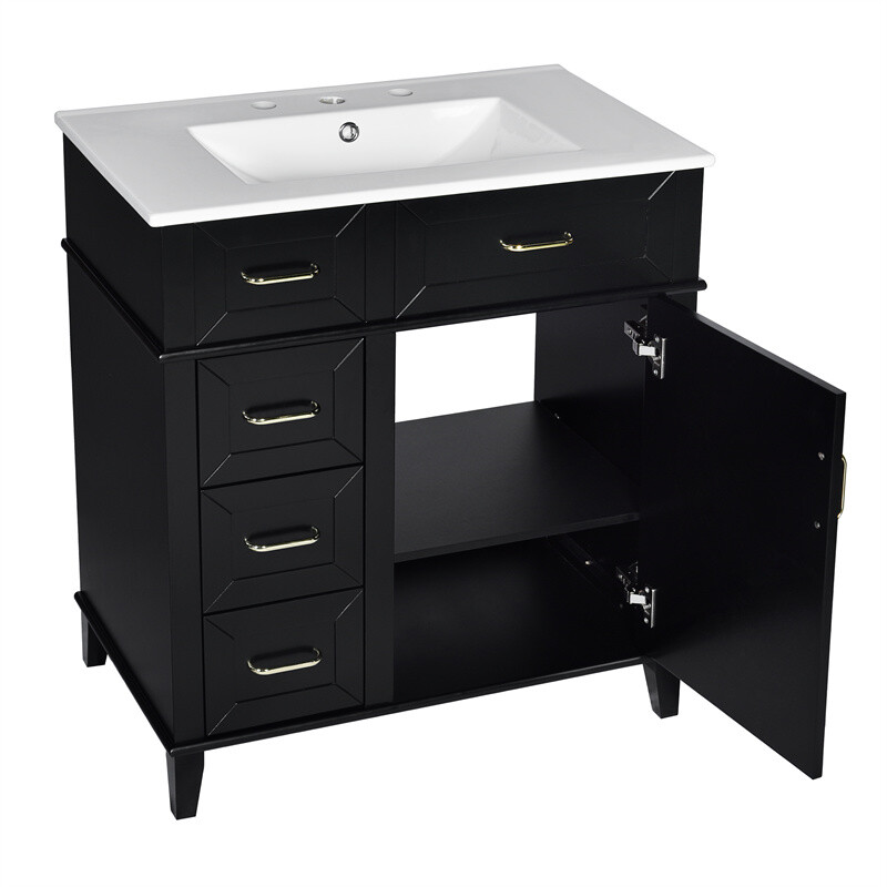 30″ Black Bathroom Vanity with Ceramic Sink,Adjustable Shelf & 3 Storage Drawer