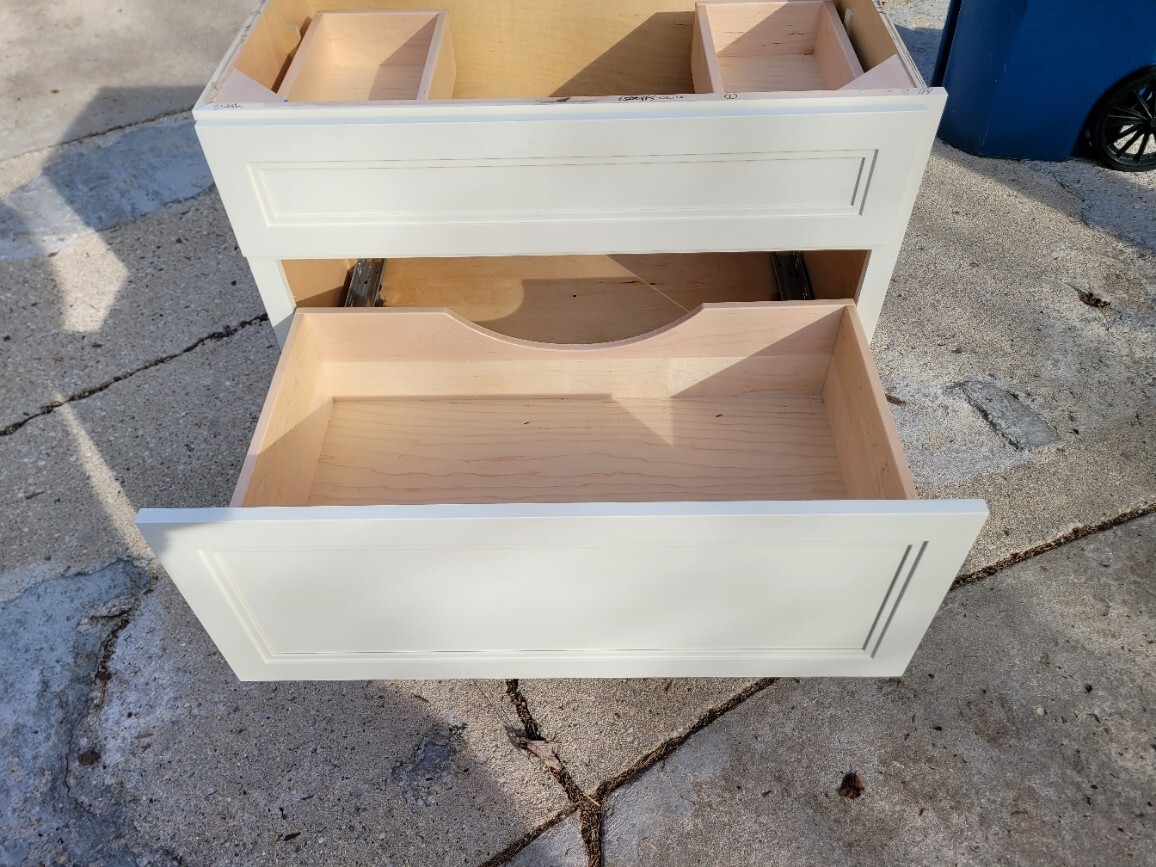 36″ Maple Painted Bath Vanity – Amish made. Two drawers. Left side finished.