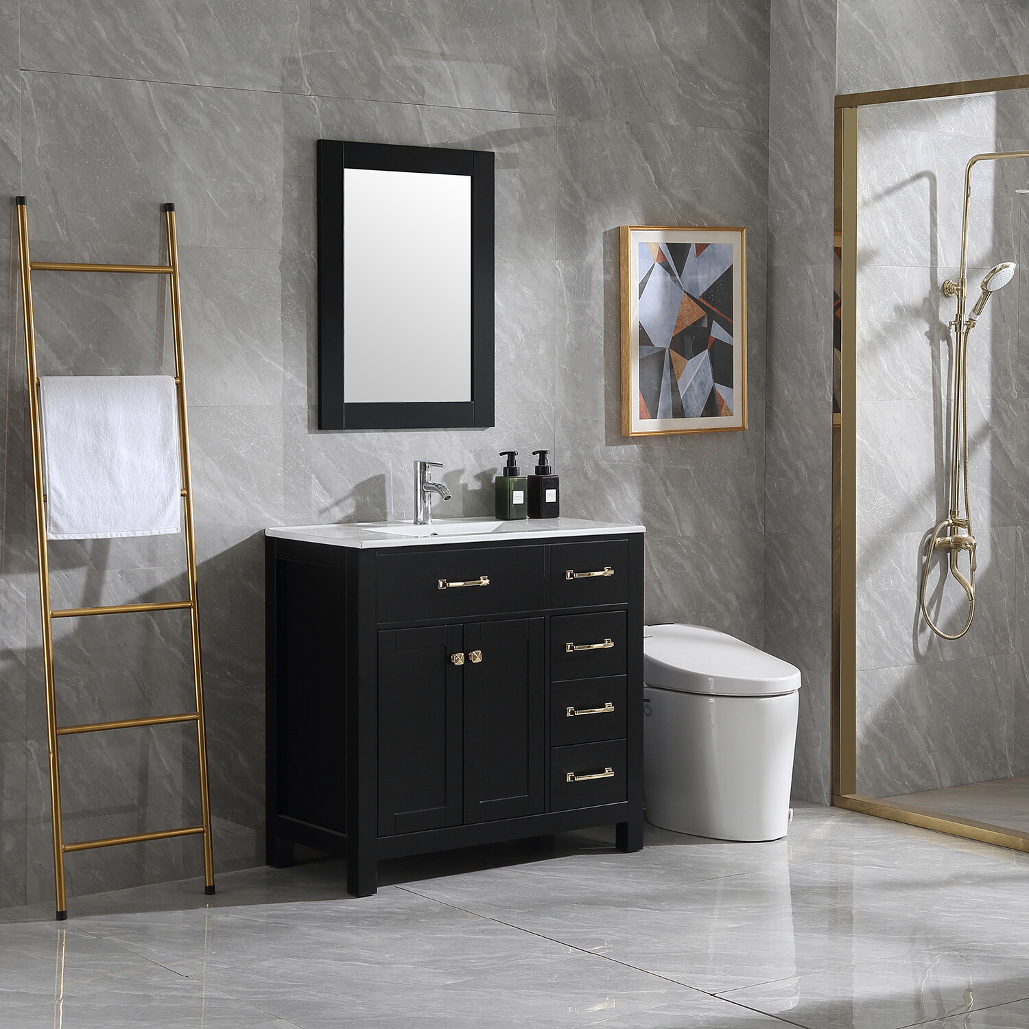 Undermount Ceramic Shaker 36″ Single Bathroom Vanity Set & Mirror Free Standing