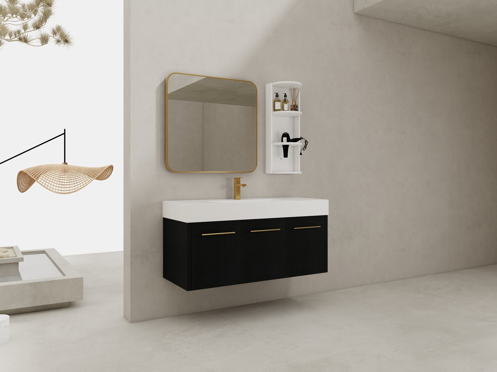 48 Inch Plywood Wall-Mounted Bathroom Vanity with Resin Sink + Side Storage Rack