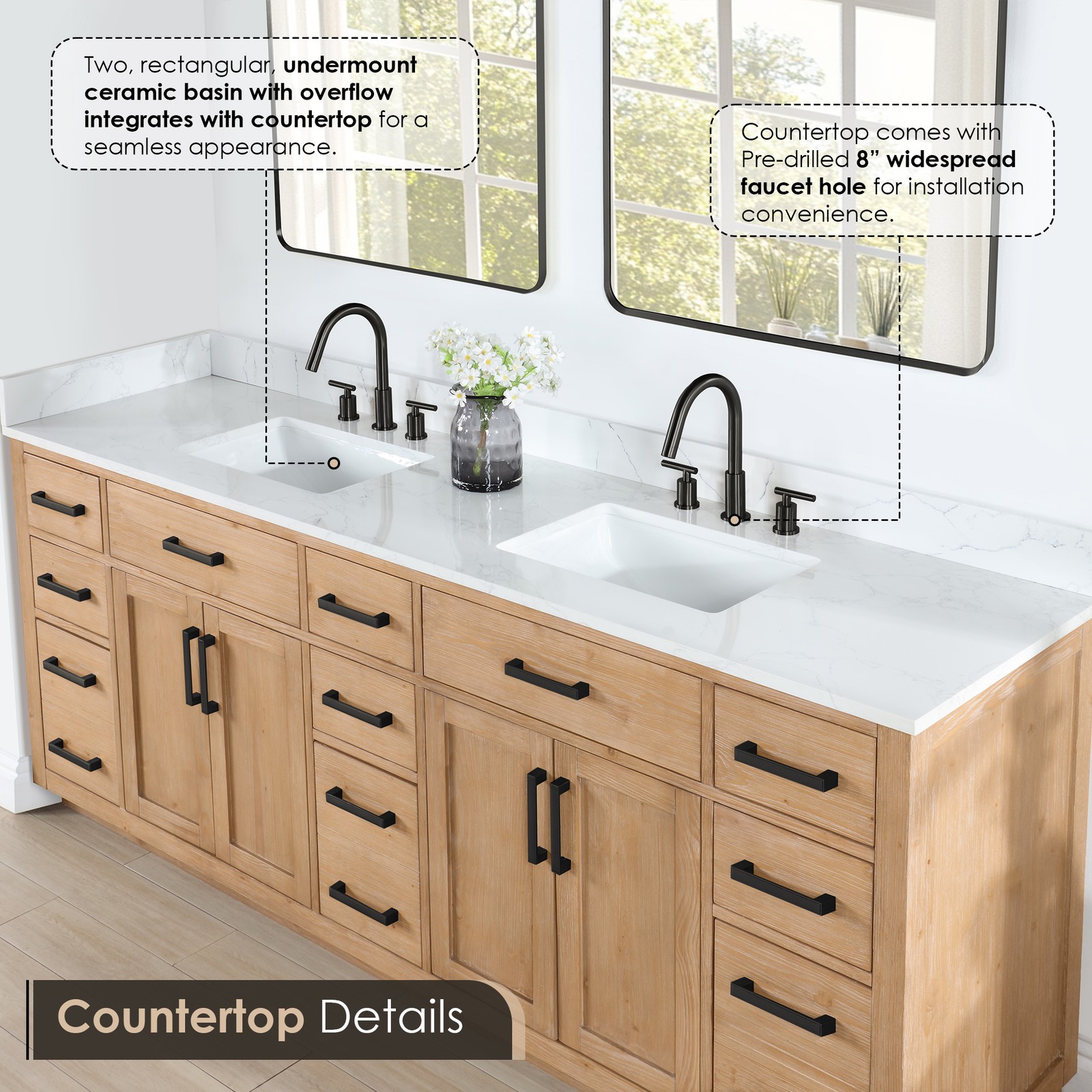 Gavino 84″ Wood Vanity in Light Brown with Composite Stone Top no Mirror