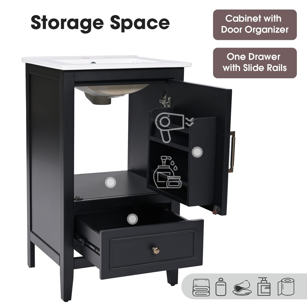 20″ Black Bathroom Vanity with Ceramic Sink Solid Wood MDF Cabinet