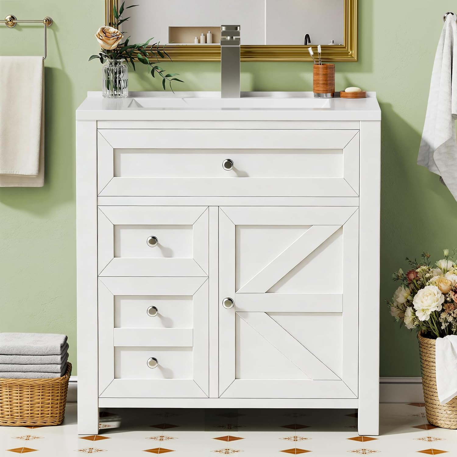 24″ Bathroom Vanity with Sink, Bathroom Storage Vanity Sink Cabinet with 2 Doors