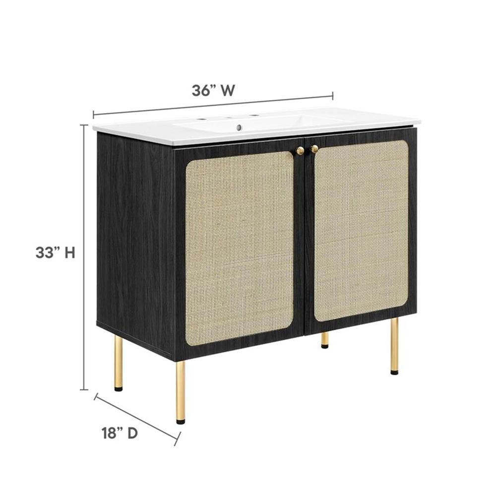 Modway Chaucer 36″ Wood & Rattan Bathroom Vanity in Black/White