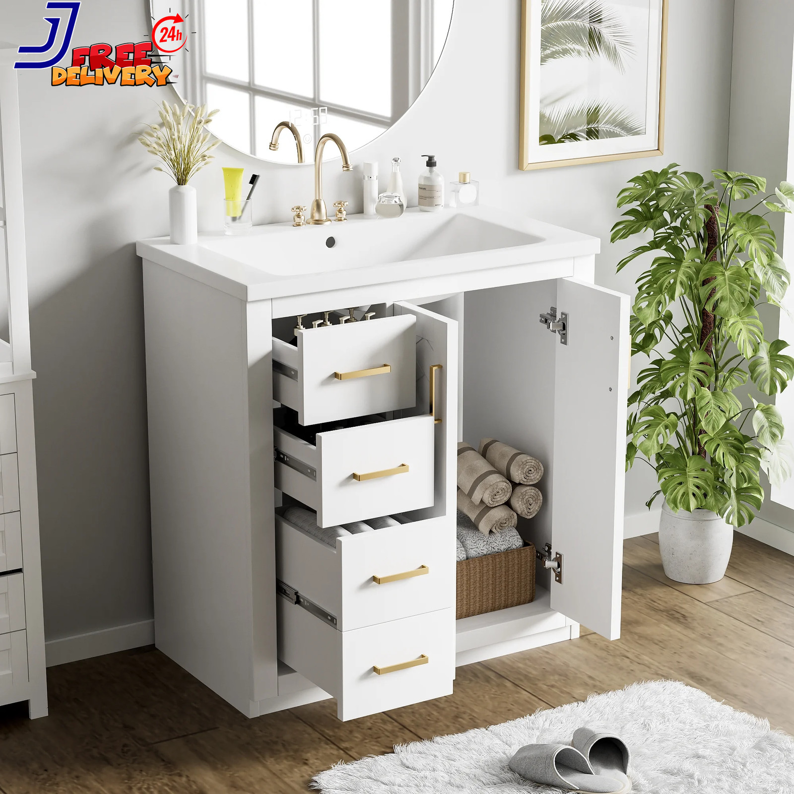 30” Bathroom Vanity w/Ceramic Sink Combo Solid Wood Frame Bathroom Storage Cabi