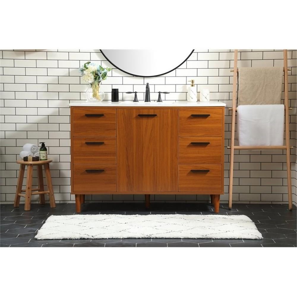 Pemberly Row Modern 48″ Solid Wood and MDF Bathroom Vanity in Teak