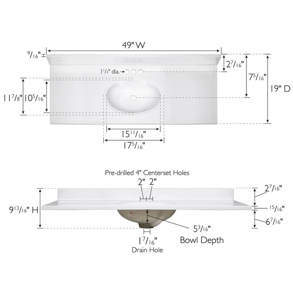 Bowery Hill 49×19″ Cultured Marble Single Bowl Vanity Top in Solid White