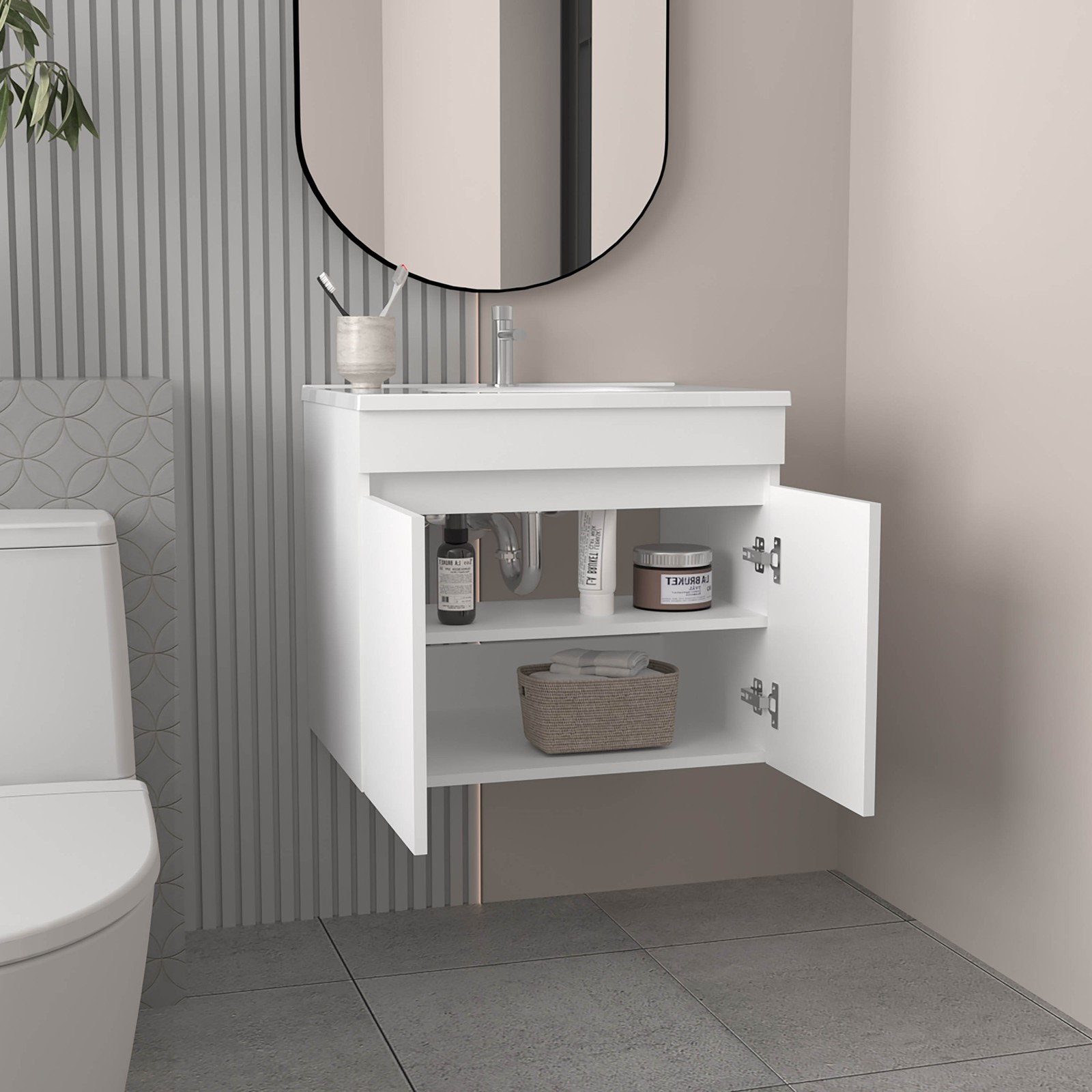 Bathroom Vanity with Sink, 2 Doors & 2 Shelves, White, 23.2″W