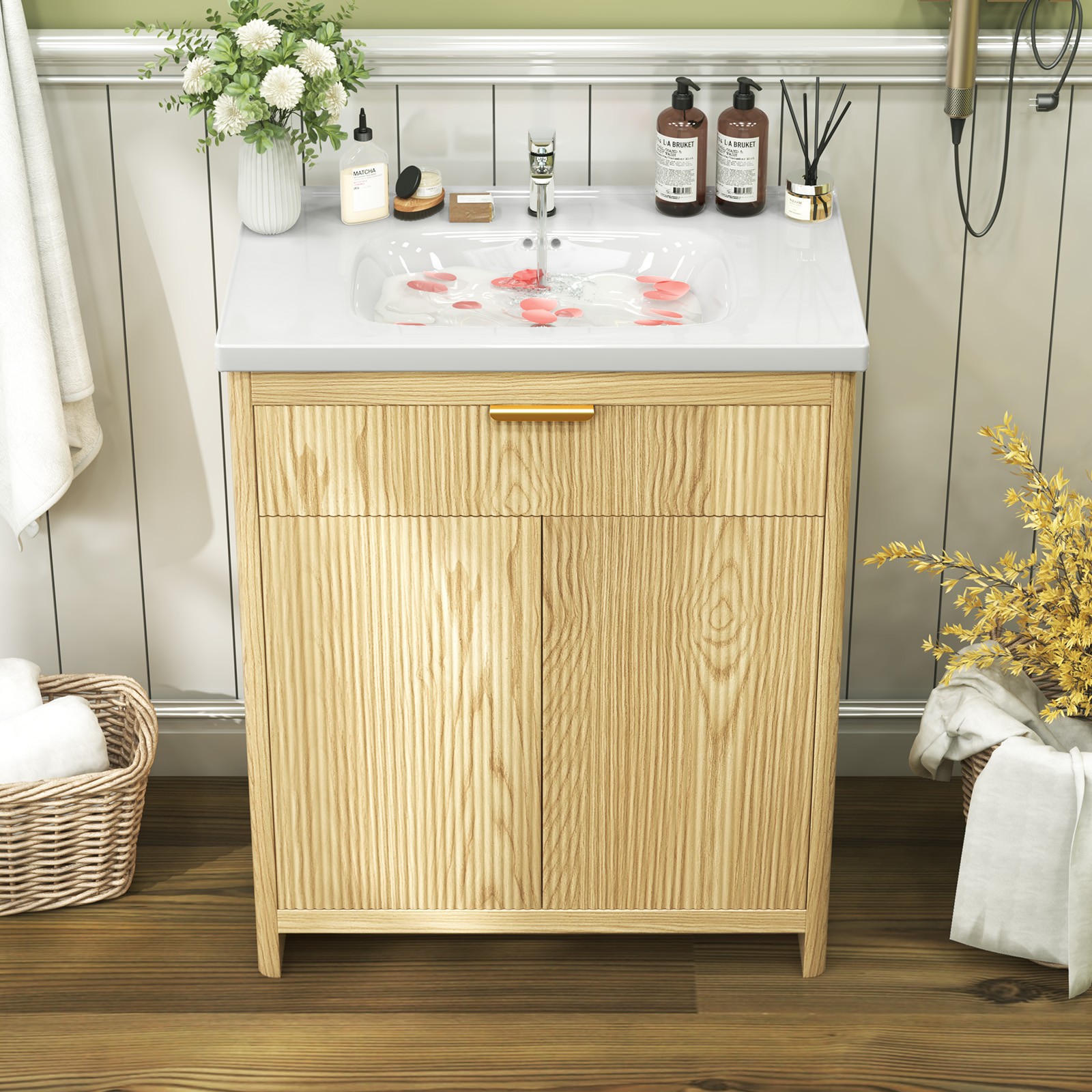 23.6 Inch Elegant Bathroom Vanity Set with Solid Wood Frame with Ceramic Sink