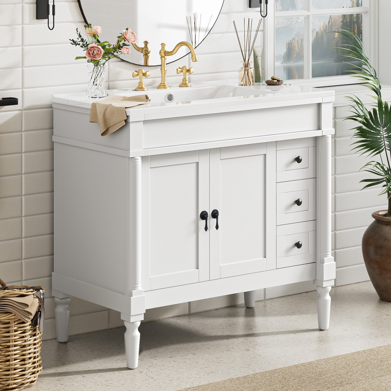 36″ Bathroom Vanity w/Two Soft Close Doors & 3 Drawers Bathroom Storage Cabinet