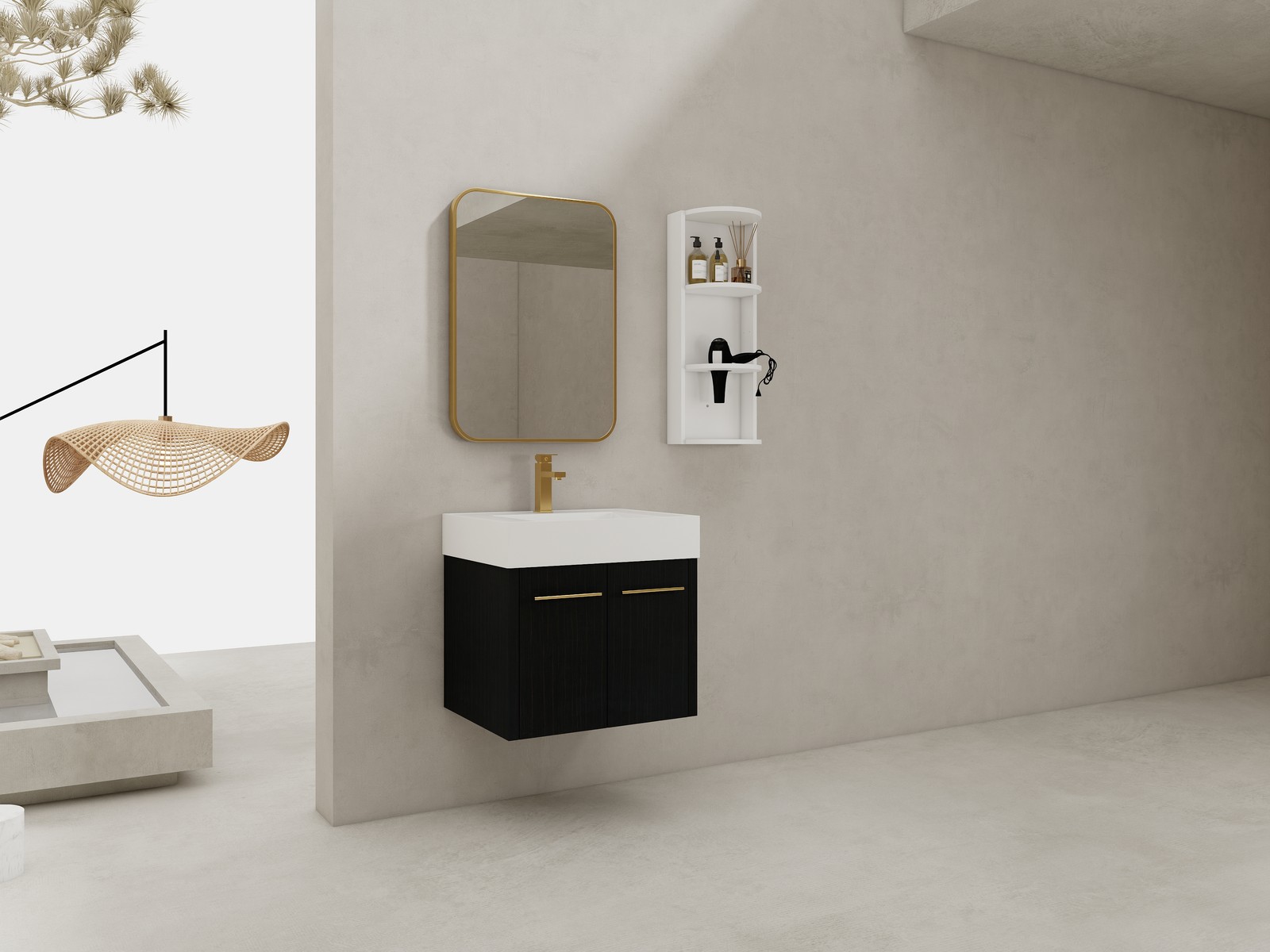 24In Plywood Wall-Mounted Bathroom Vanity W/Resin Sink Doors + Side Storage Rack