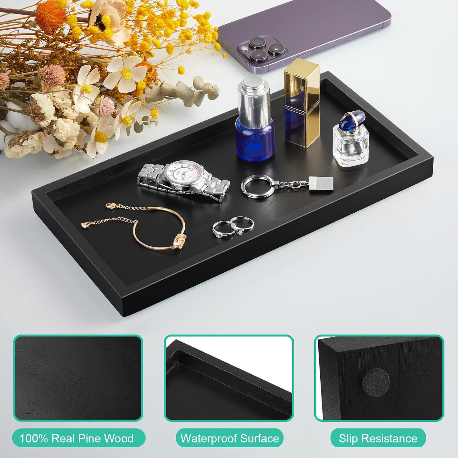 Bathroom Vanity Tray Black Wood Organizer for Countertop Makeup Perfume Jewelry