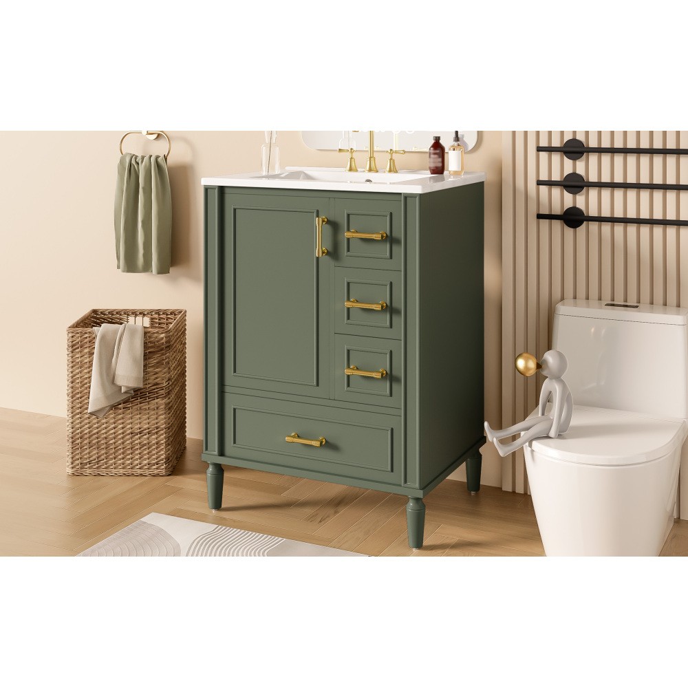 24″ Modern Bathroom Vanity with Ceramic Sink, Soft-Close Door, 3 Drawers