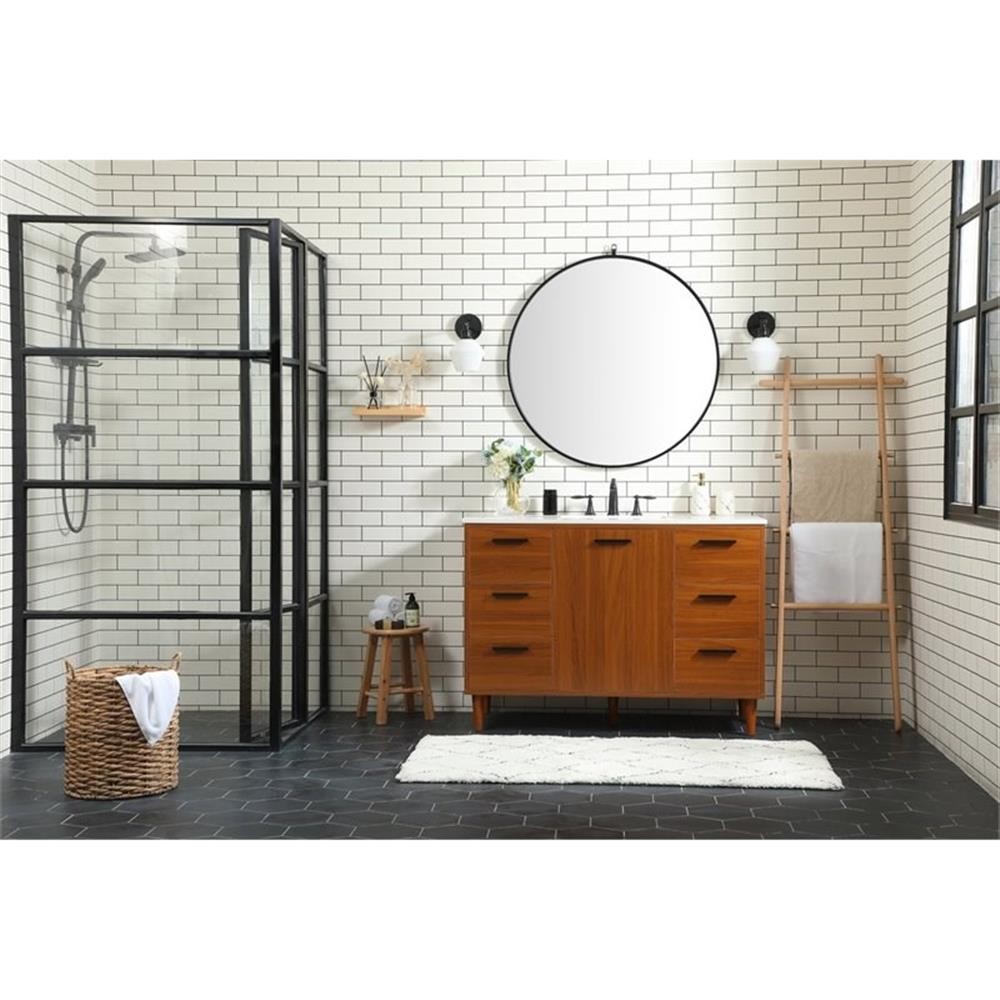 Pemberly Row Modern 48″ Solid Wood and MDF Bathroom Vanity in Teak