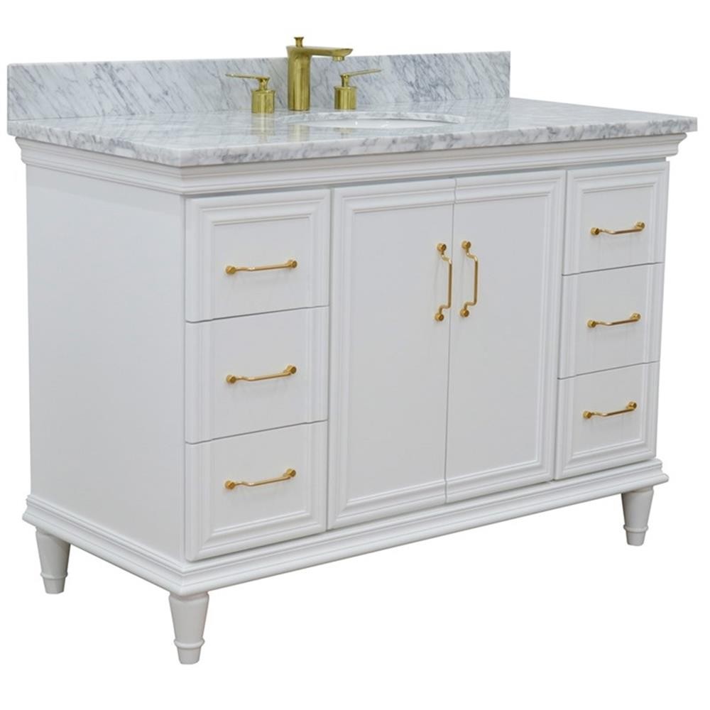49 in. Single Wooden Vanity White with White Carrara Marble Oval Sink