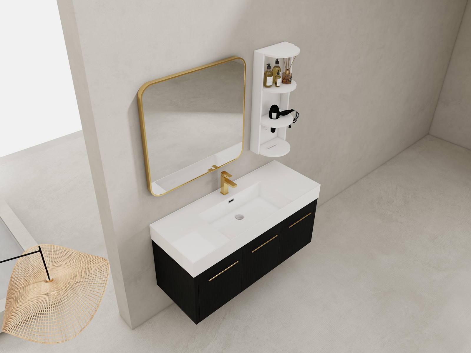 48 Inch Plywood Wall-Mounted Bathroom Vanity with Resin Sink + Side Storage Rack