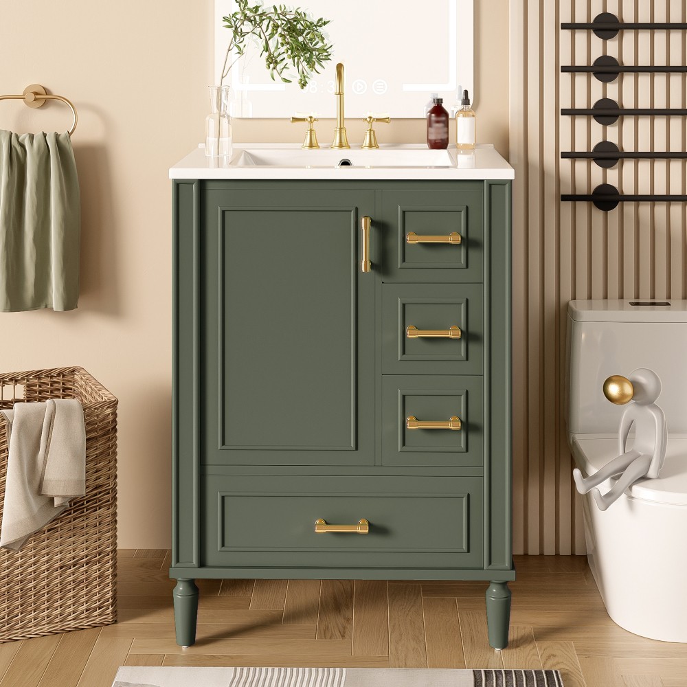 24″ Modern Bathroom Vanity with Ceramic Sink, Soft-Close Door, 3 Drawers