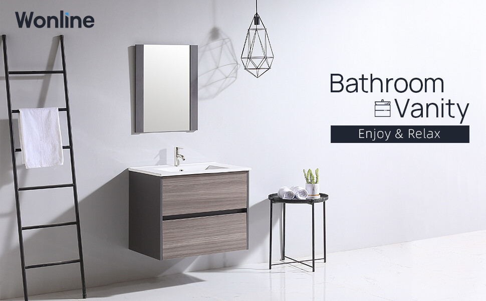 Wall-mount 24″ Bathroom Vanity Floating Cabinet Resin Basin Sink & Mirror Combo