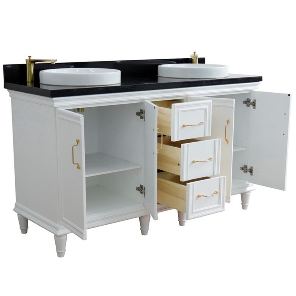 61 in. Double Wooden Vanity White Black Galaxy Granite Round Sink