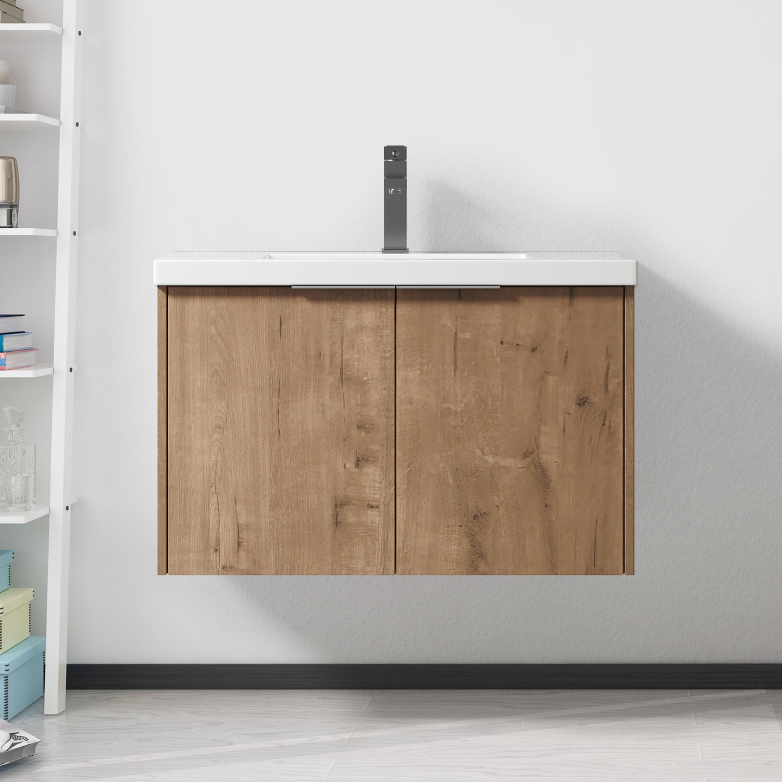 Bathroom Vanity with Sink Wall Mounted Wood Vanity and Resin Sink with 2 Doors