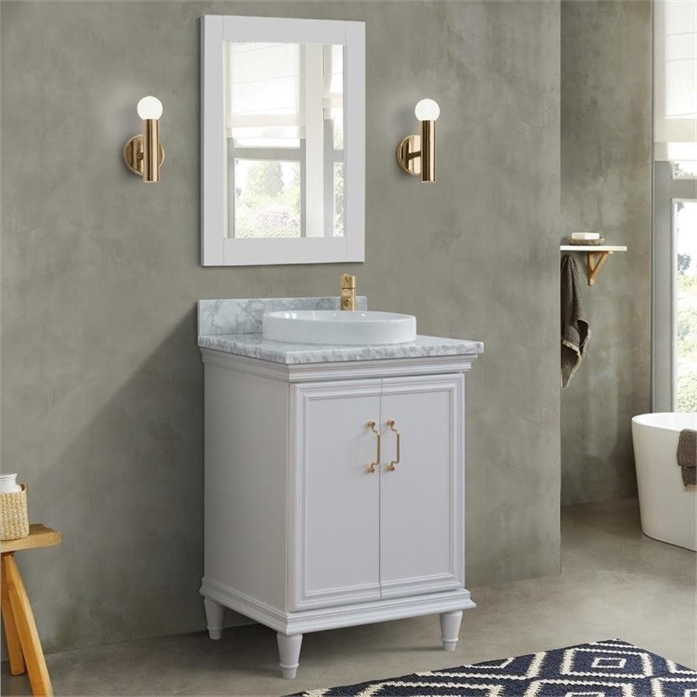 25 in. Single Wooden Vanity White with White Carrara Round Sink