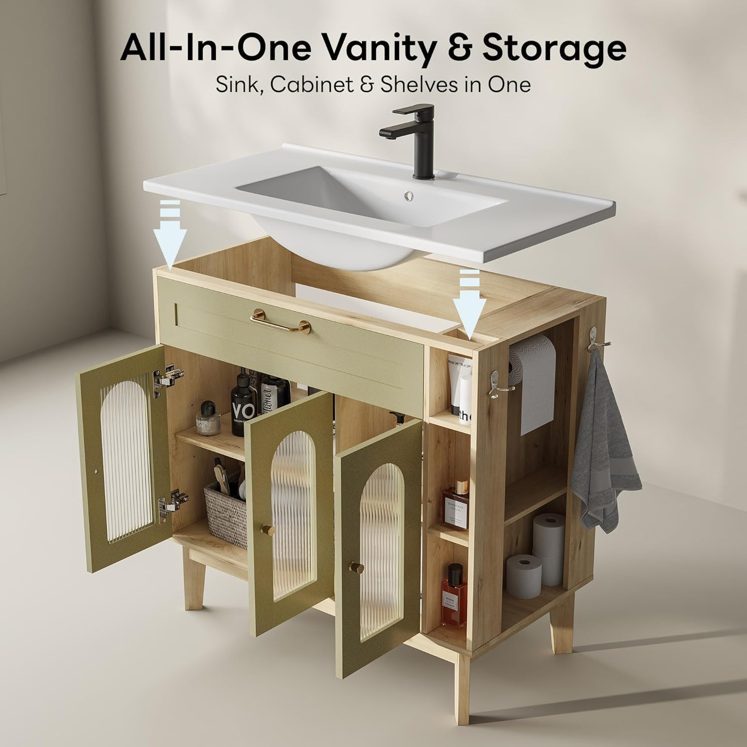 Elegant 36″ Bathroom Vanity with Sink, Glass Doors, Towel Bar & Storage Shelves