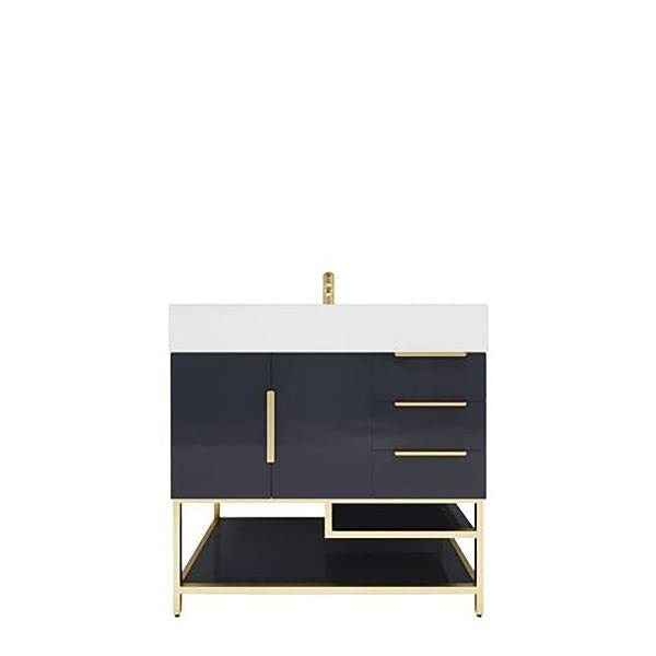 36″ Freestanding Bathroom Vanity with Acrylic Sink, Drawers, Open Shelf Storage