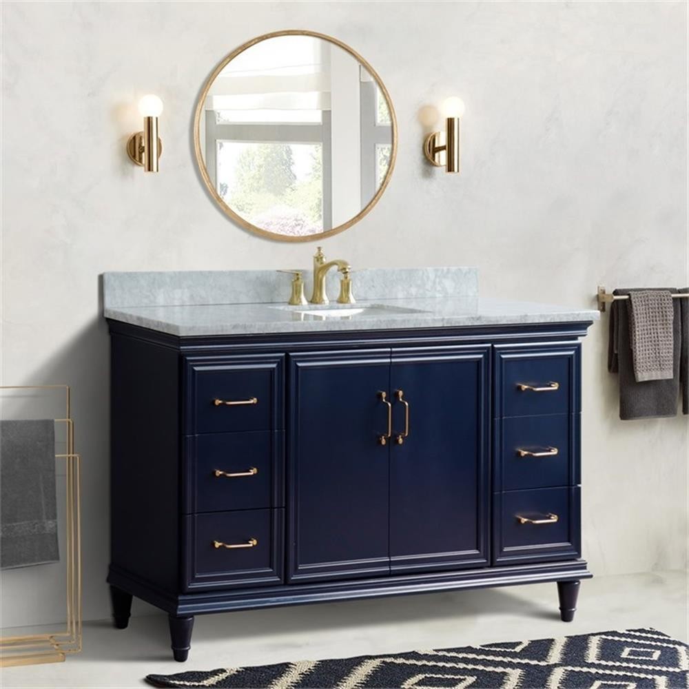 61 in. Single Wooden Vanity Blue White Carrara Marble Rectangle Sink