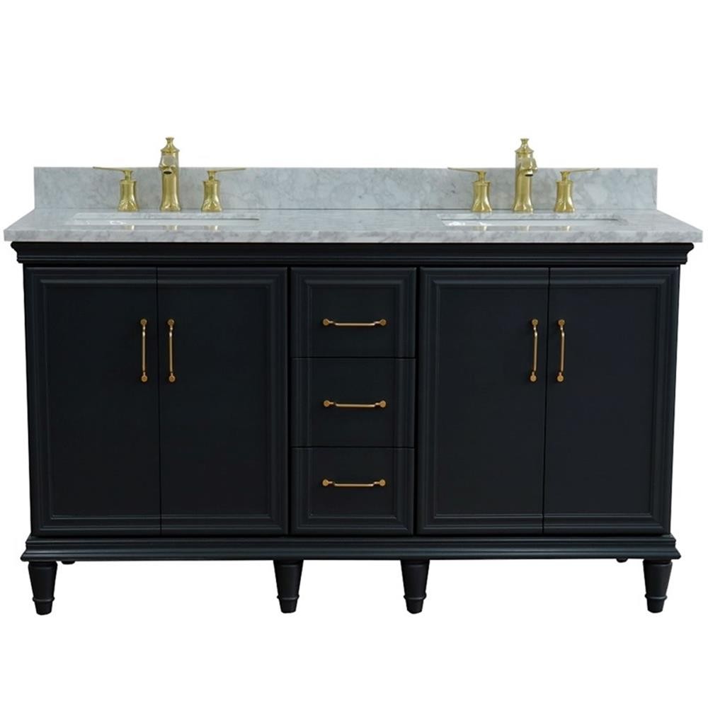 61 in. Double Wooden Vanity Dark Gray White Carrara Marble Rectangle Sink
