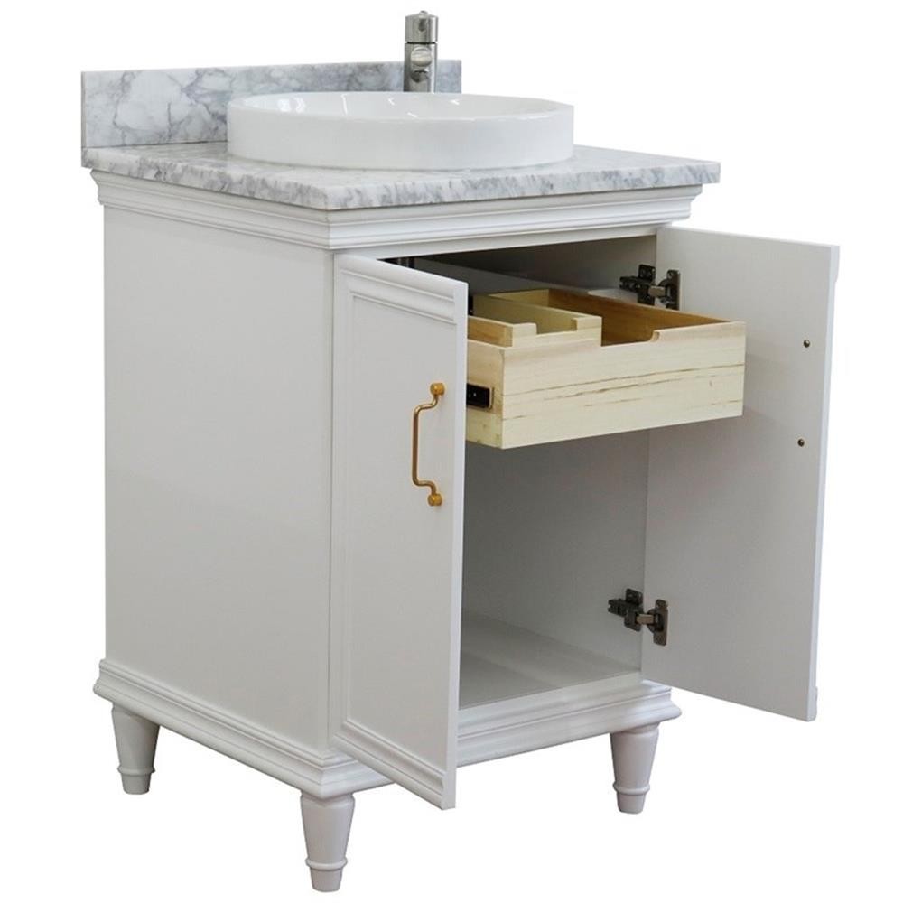 25 in. Single Wooden Vanity White with White Carrara Round Sink