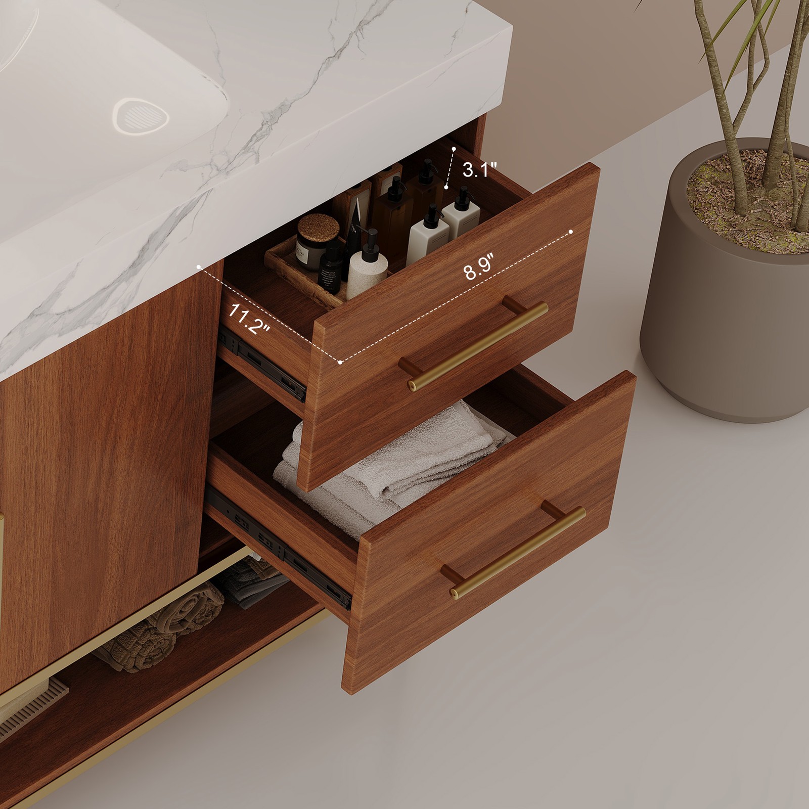 36″ Bathroom Vanity with Ceramic Sink & Stone Top, Gold Walnut White