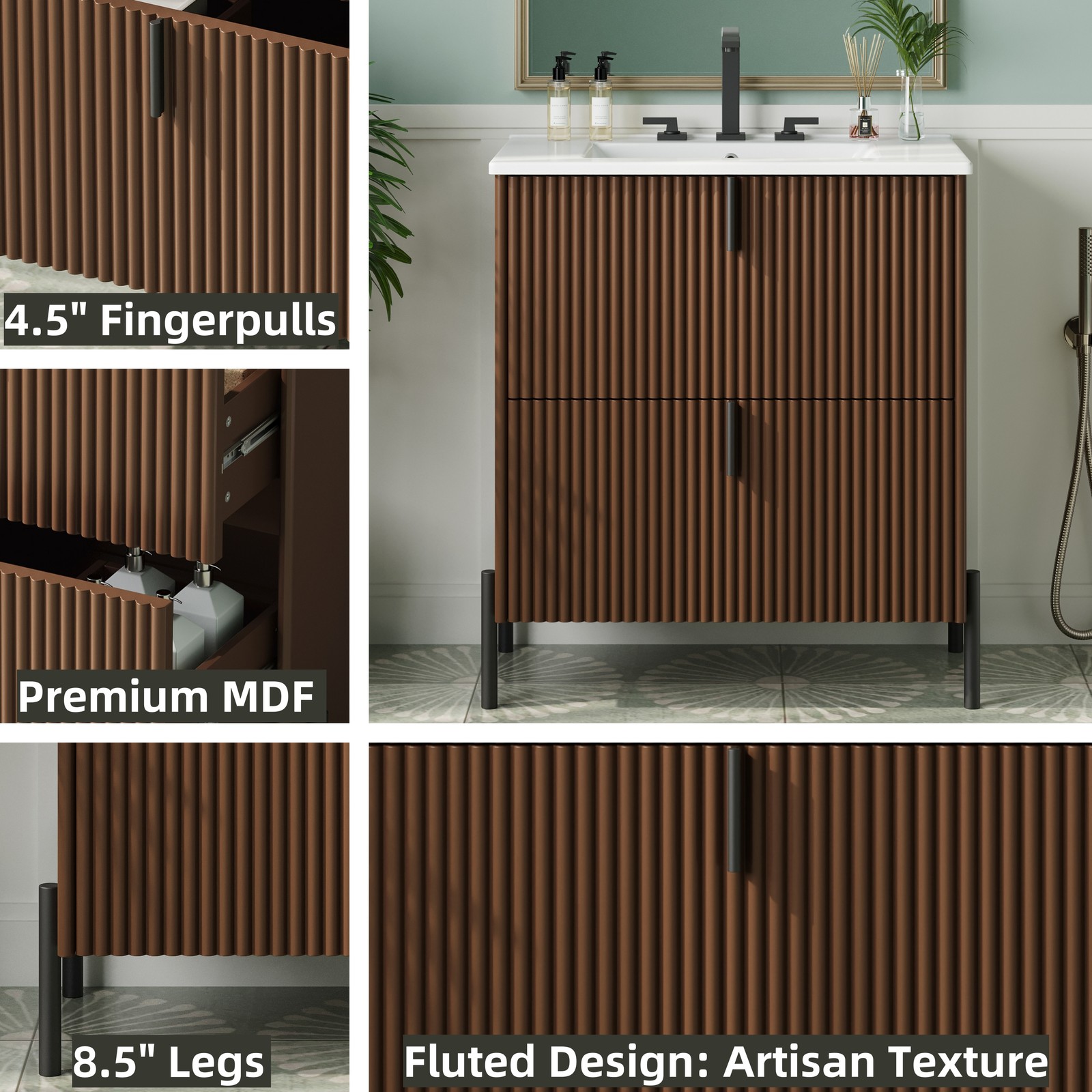 30″ Bathroom Vanity with Ceramic Sink Freestanding Bathroom Vanity w/2 Drawers