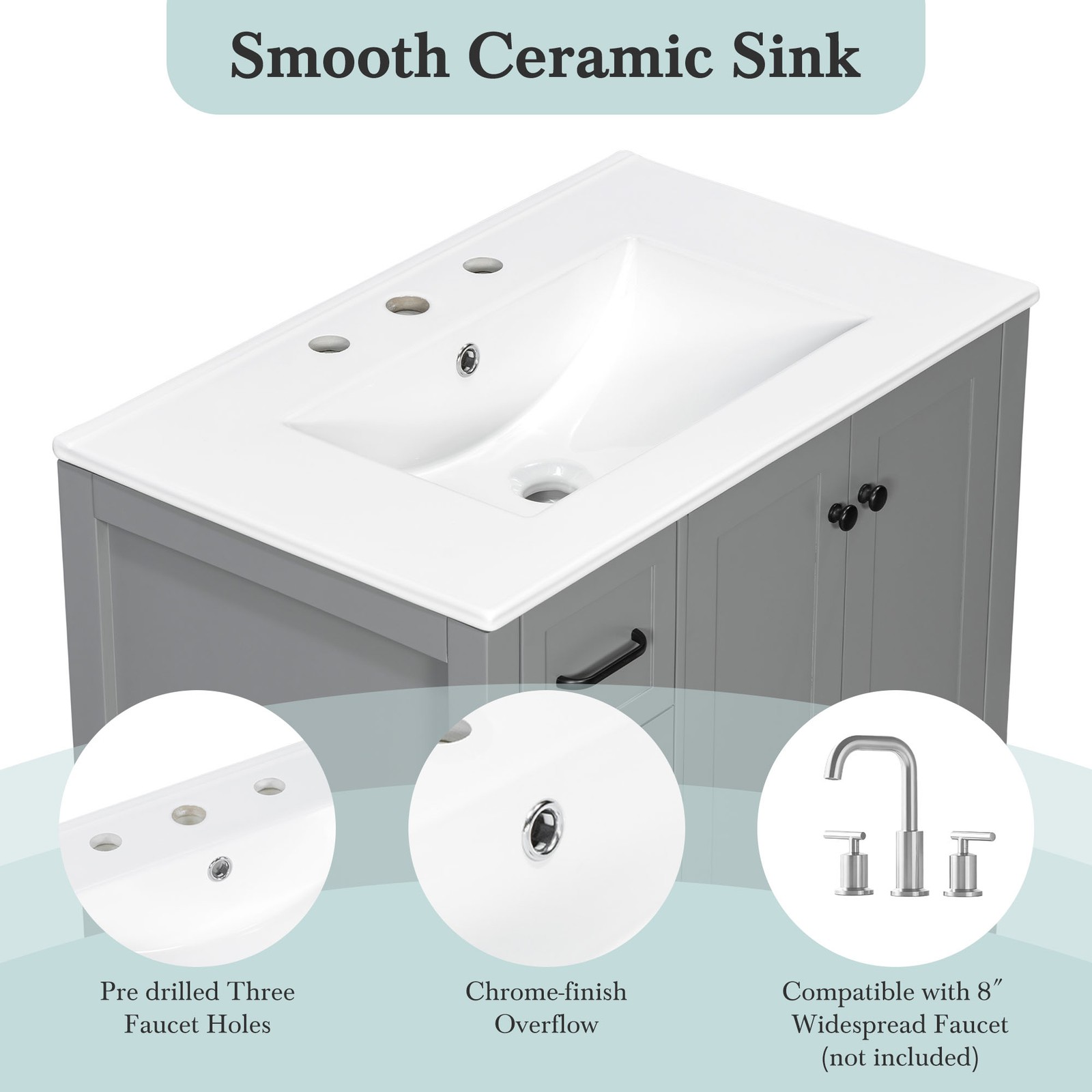 30″ Bathroom Vanity with Sink, 2 Doors & 2 Drawers, Solid Wood, Gray