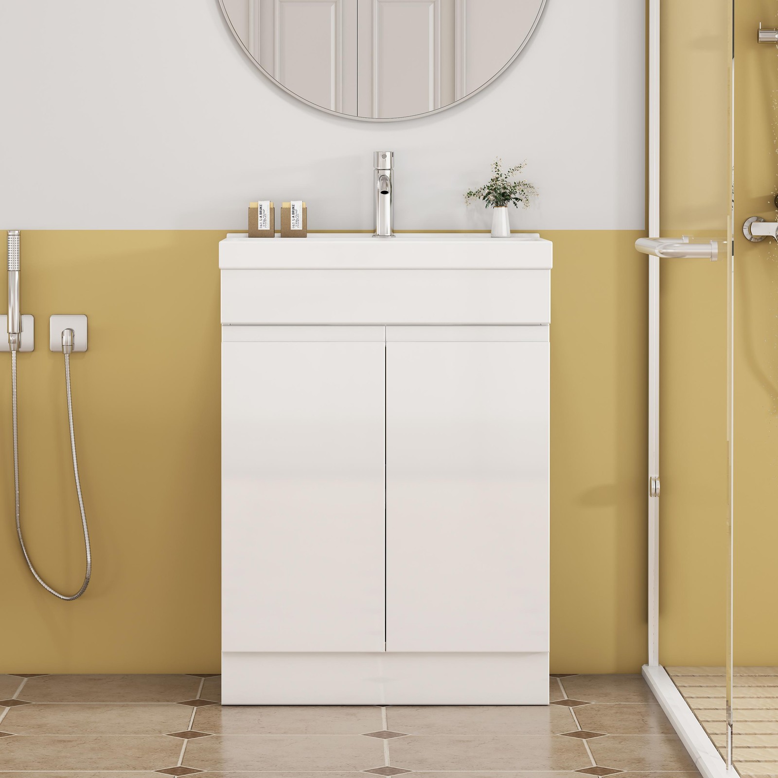 24″ Bathroom Vanity With Sink Combo,2 Doors Bathroom Cabinet, With Shelf White