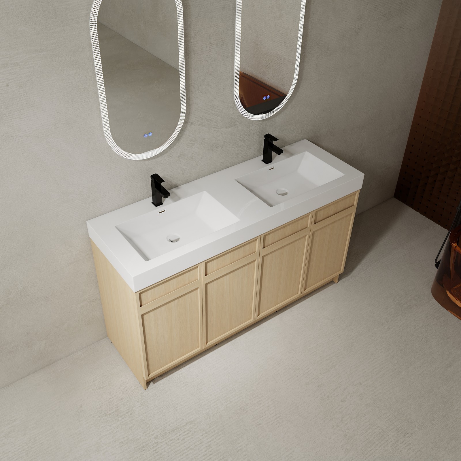 60in Plywood Double Sink Bathroom Vanity Cabinet W/ 4 Doors White Resin Sink