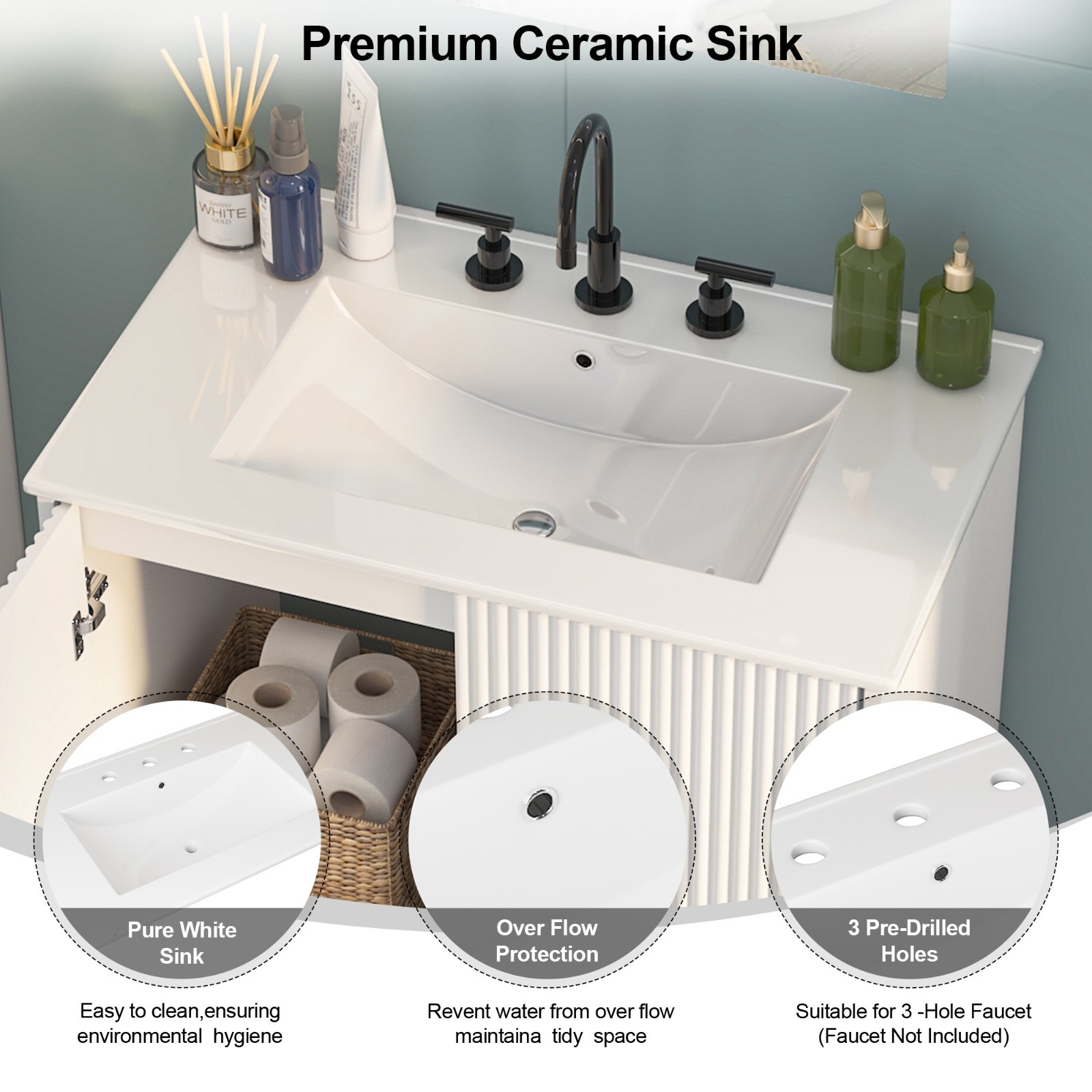 Bathroom Vanity With Sink Freestanding White Cabinet Storage Ceramic Vessel Sink