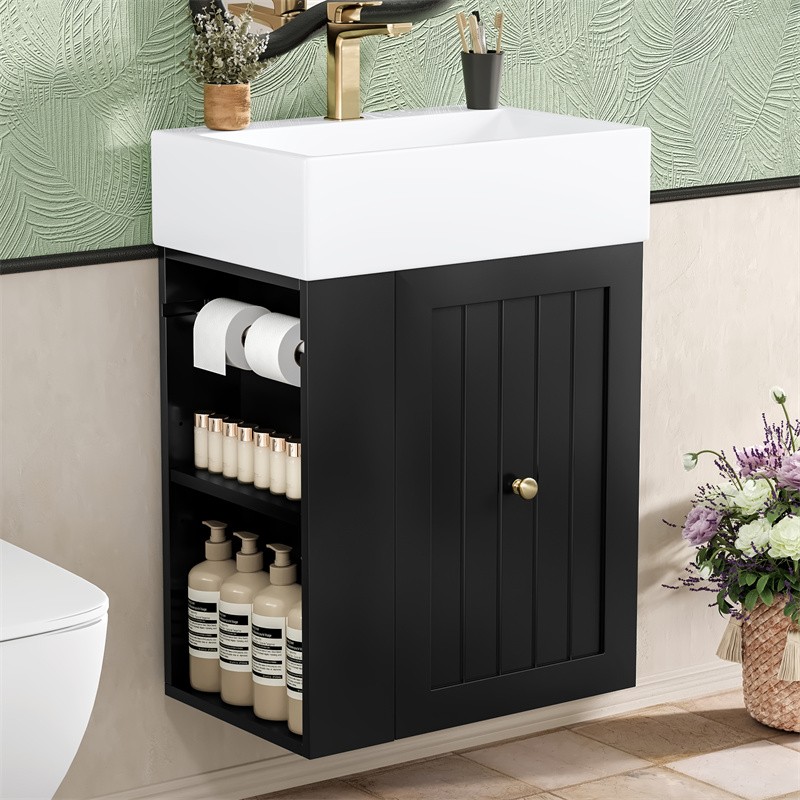 20″ Bathroom Vanity w/Ceramic Sink Black Storage Cabinet with Drawer,Side Shelf