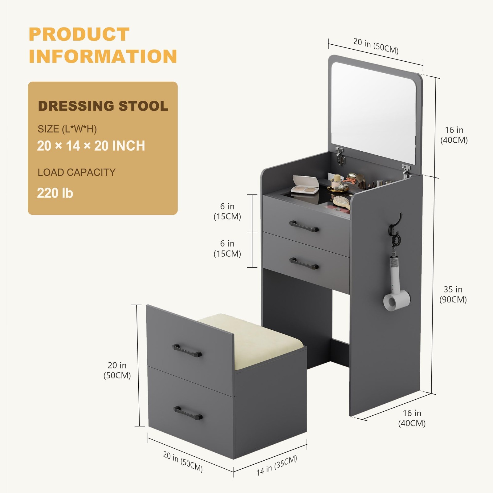 3-in-1 Vanity Desk Set with Mirror and Cushioned Stool Grey Makeup Dressing