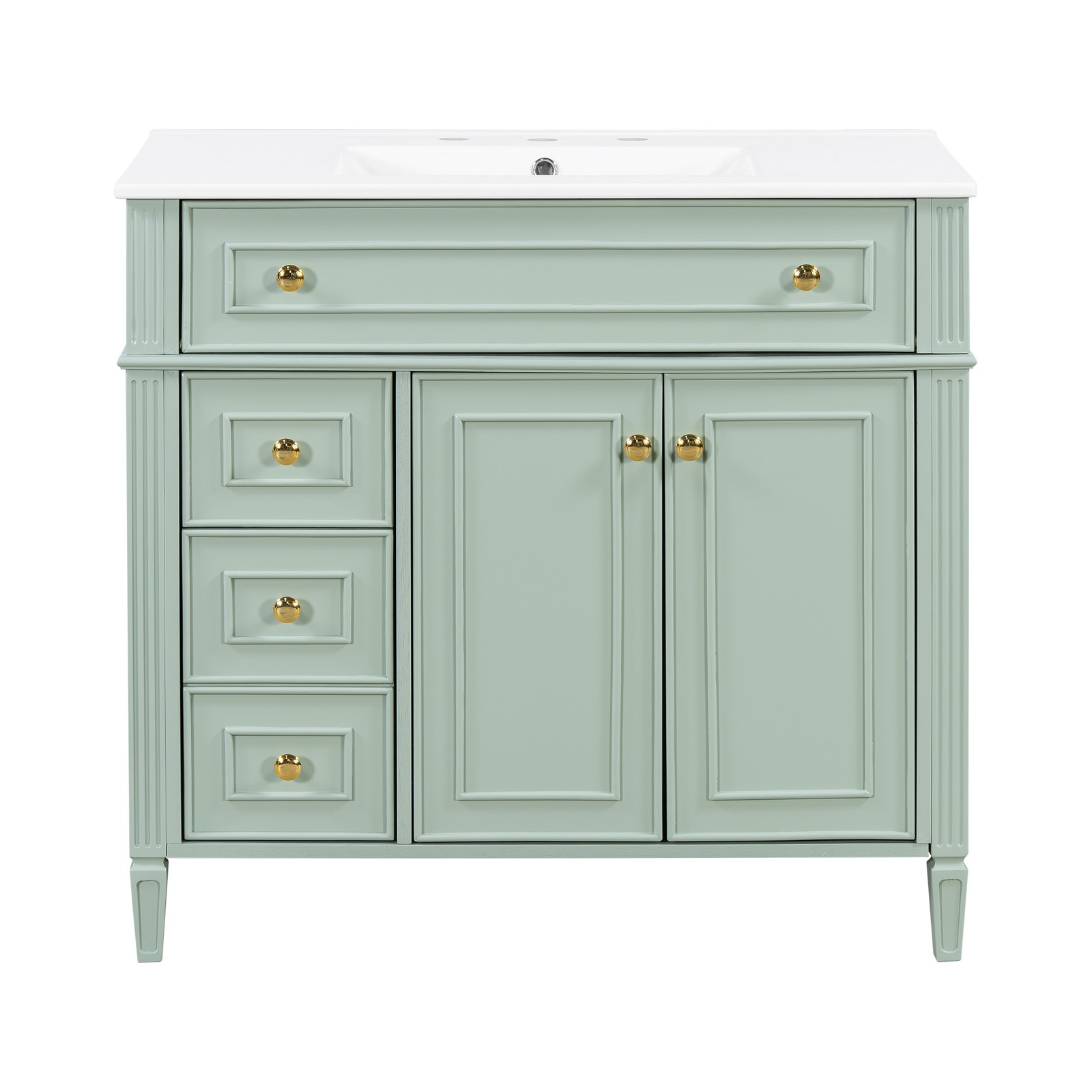 36″ Green Solid Wood Bathroom Vanity with Sink, 3 Drawers & 2 Doors