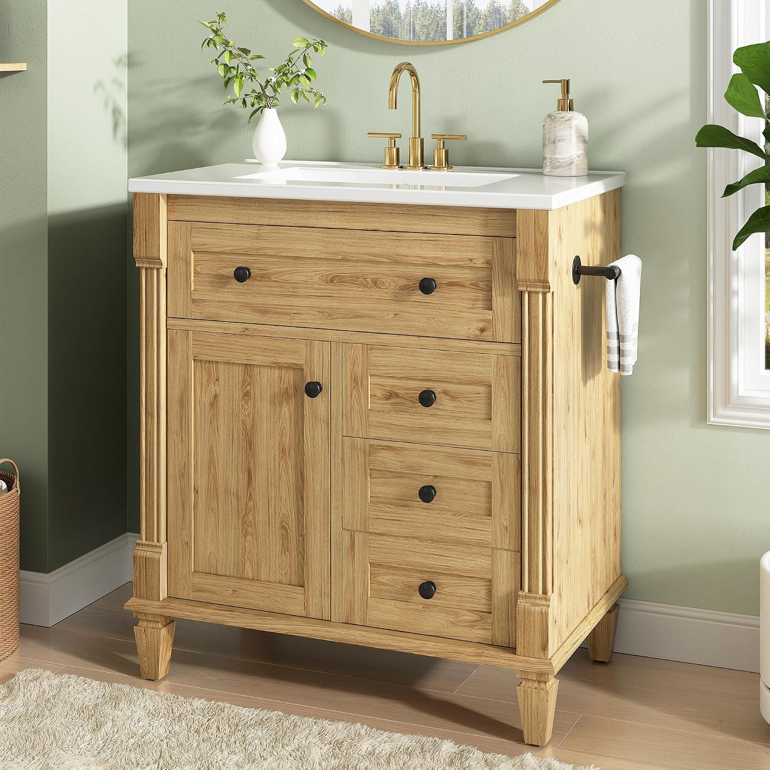 30 Inch Bathroom Vanity with Sink, Towel Holder & Adjustable Solid Wood Legs for