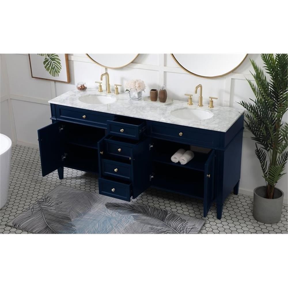 Elegant Decor Park Avenue 72″ Metal MDF Marble Double Bathroom Vanity in Blue