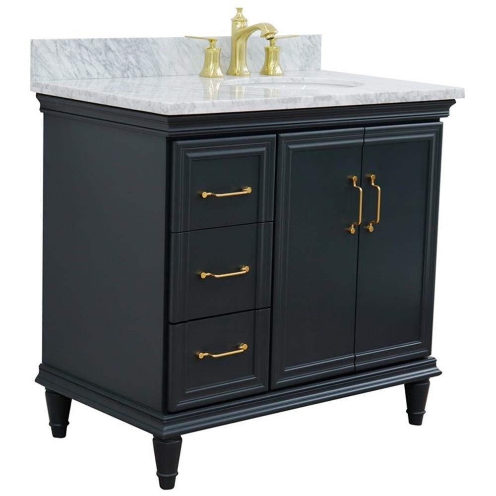 37 in. Single Wooden Vanity Dark Gray White Carrara Oval Right Door.Right Sink