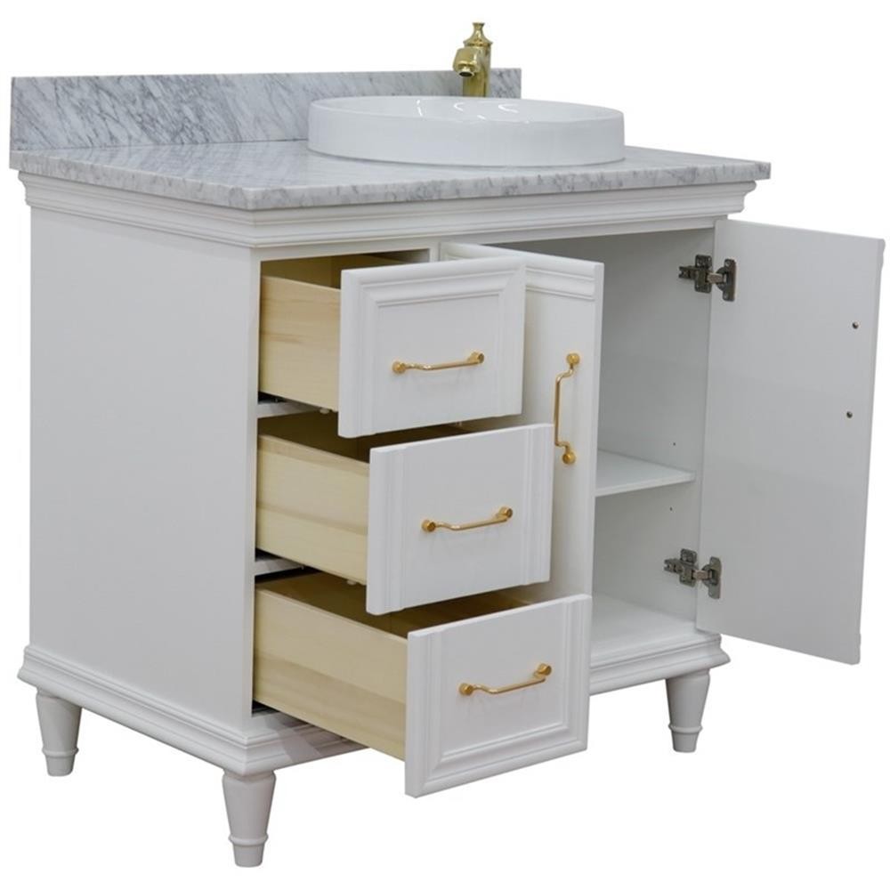 37 in. Single Wooden Vanity White White Carrara Round Right Door.Right Sink