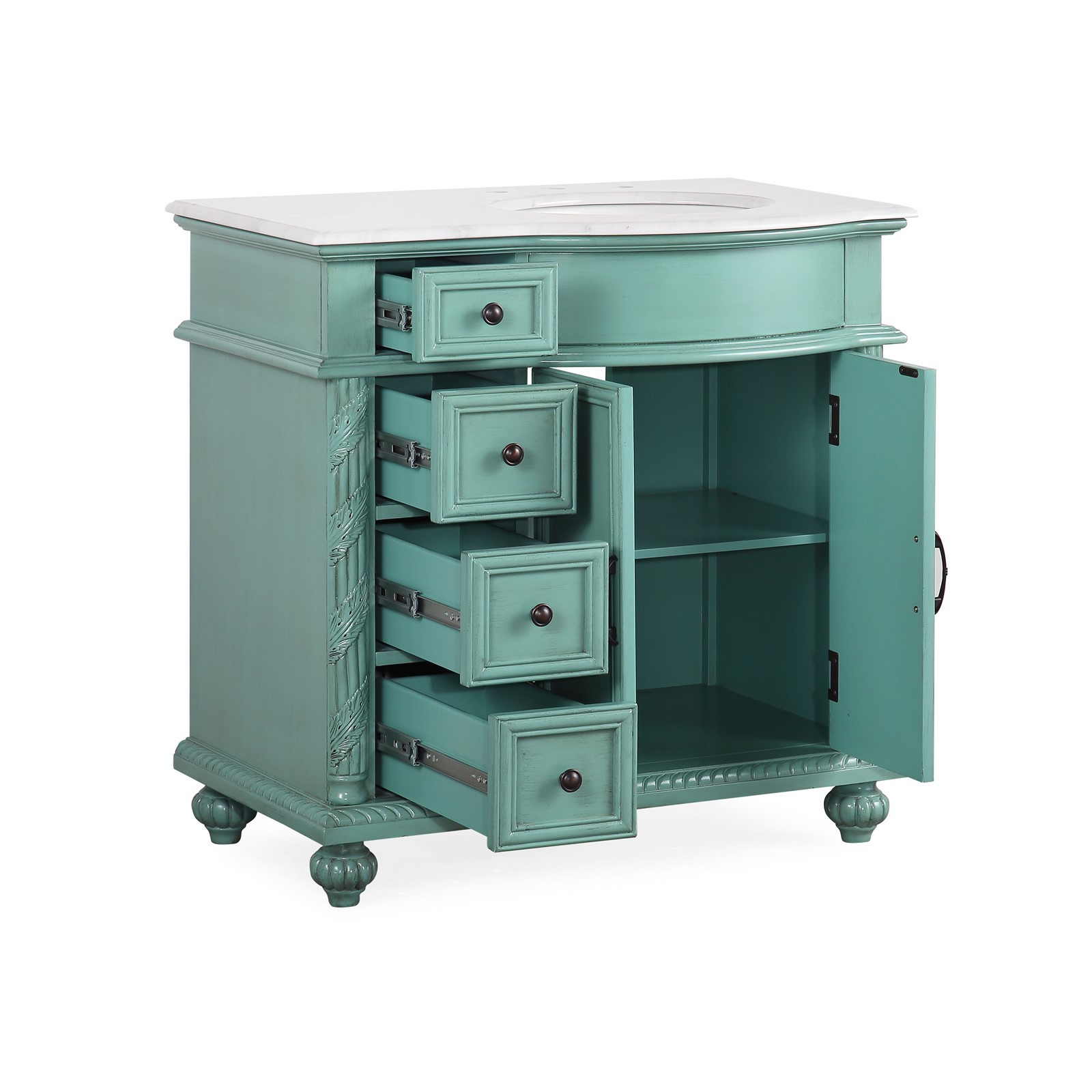 36″ Vintage Green Carrara Top Bathroom Cabinet Single Vanity – Sink on the Right