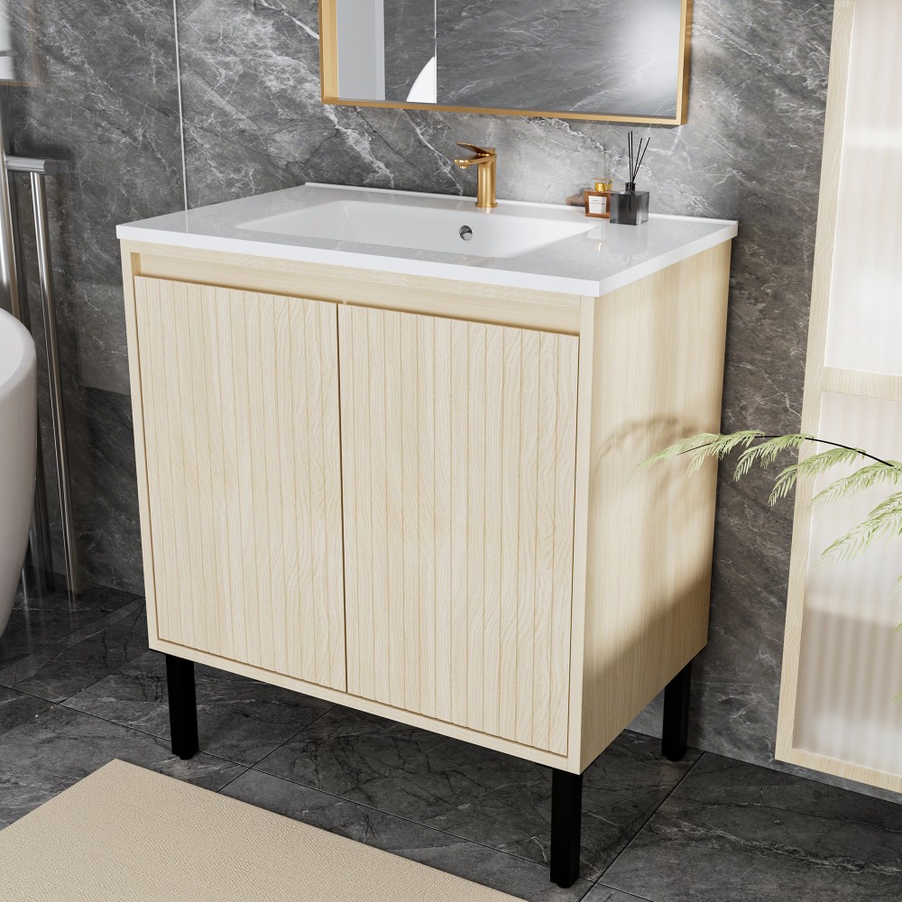 Vanity with Integrated Sink 2 Doors Black Legs Bathroom Storage Cabinet