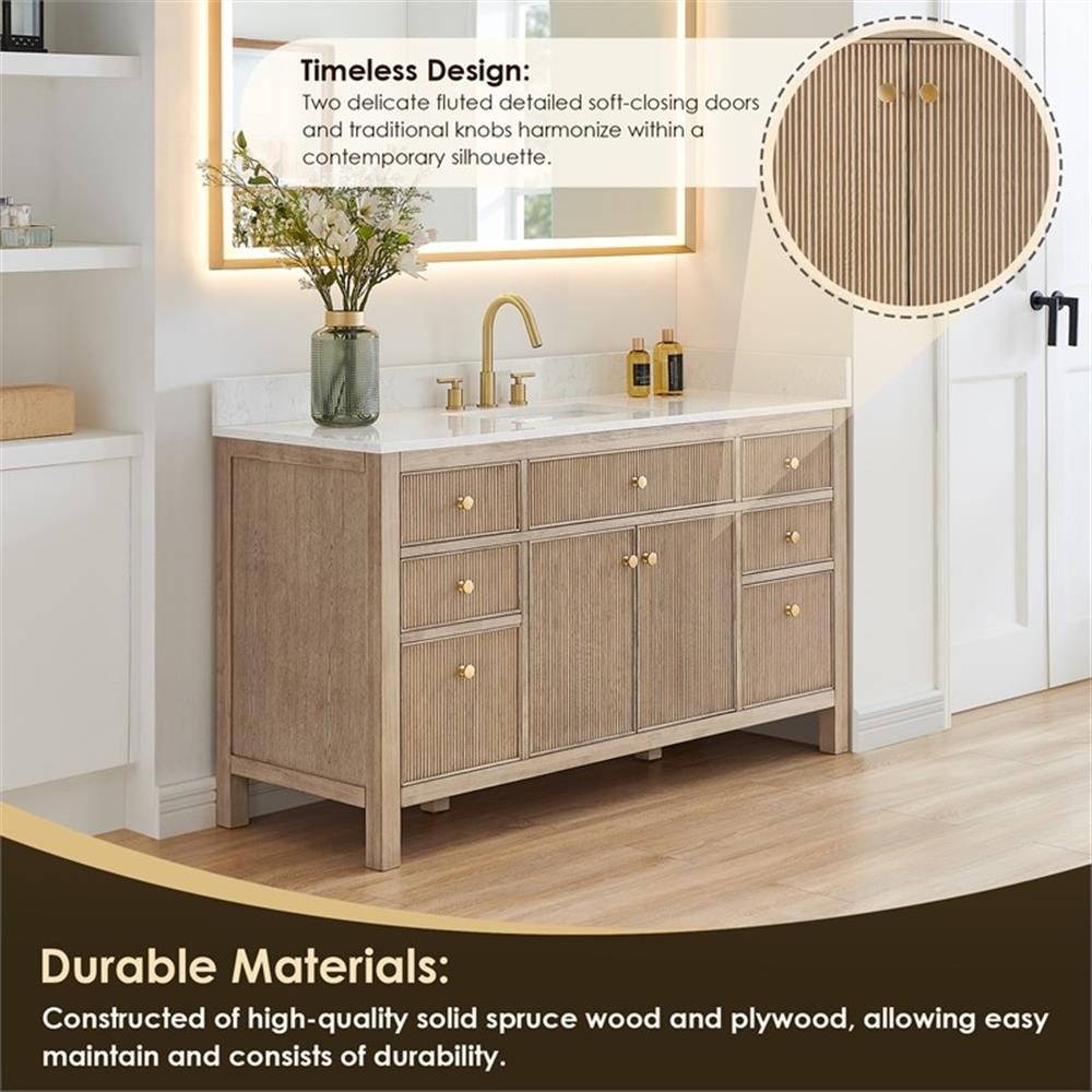 Pemberly Row 60″ Single Wood Vanity in Nature Oak Engineered Stone Top no Mirror